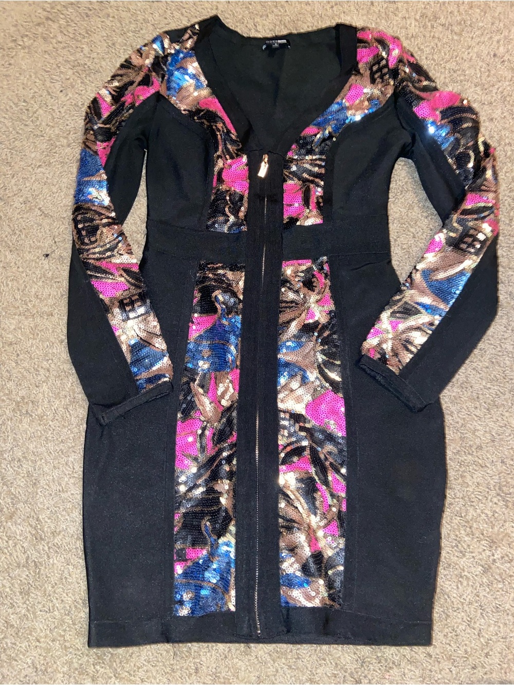 Fashion nova Sequined Panel Black bandage Dress with Pink & Blue Accents
